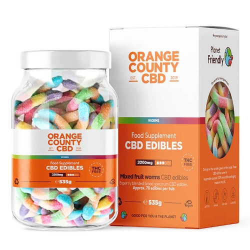 Orange'i maakonna CBD kummikommid ussid, 70 tk, 3200 mg CBD, 535 g